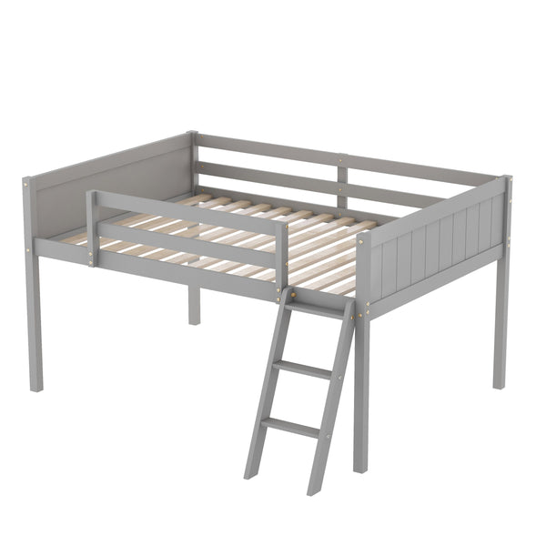 English Elm Full Low Loft Bed Pine Wood with Ladder & Guardrails, Space-Saving Play Area, Secure 350lb Capacity Gray WF531952AAE