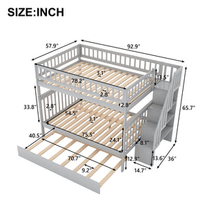 English Elm Full Full-over-Full Bunk Bed with Trundle & Staircase Storage, Solid Pine, Convertible to 3 Beds, Safe Guardrails Gray GX000402AAE-1