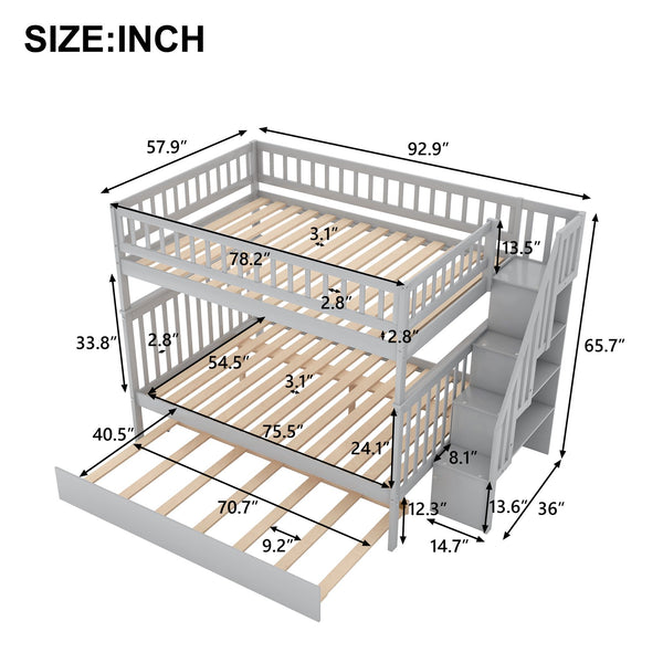 English Elm Full Full-over-Full Bunk Bed with Trundle & Staircase Storage, Solid Pine, Convertible to 3 Beds, Safe Guardrails Gray GX000402AAE-1