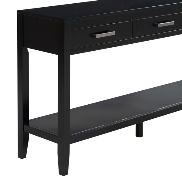 English Elm U_style Farmhouse Console Table with Three Drawers Open Shelf Entryway Organizer Black N711P410445B