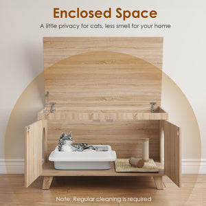 English Elm Flip Top Hidden Cat Litter Box Enclosure with Rattan Doors, Flip-Top Access, Odor Control, Stylish Table Ready Natural T3623P354971