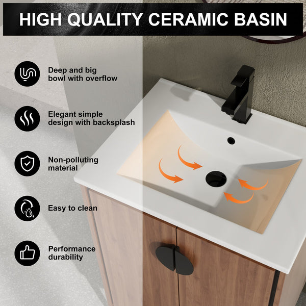 English Elm 24'' Modern Brown Bathroom Vanity with Drop-In Ceramic Sink, Engineered Wood, Soft-Close Doors, Ample Storage W1972S00001