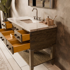 English Elm Grey Oak Single Bath Vanity 48 in W x 22 in D with Polished Carrara Marble Top, Soft-Close Drawers & 46 in Mirror B2731S01528