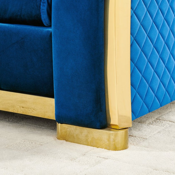 English Elm 106 Inch Velvet Tufted Chesterfield Sectional with Gold Steel Legs for Large Living Rooms Blue W1191S00126