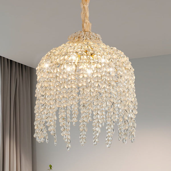 English Elm 16 5-Light Crystal Pendant Chandelier Gold Finish, Waterfall Grape Bead Design, Adjustable 80cm Height for Living Room W2312P368719