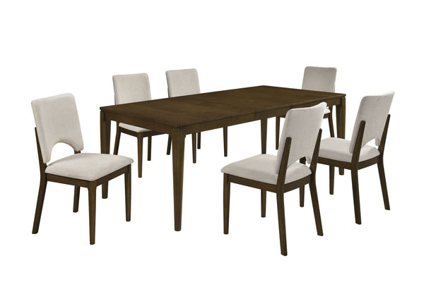 English Elm Contemporary Oak Veneer Extendable Dining Set Six Upholstered Chairs Angular Tapered Legs B011S02505
