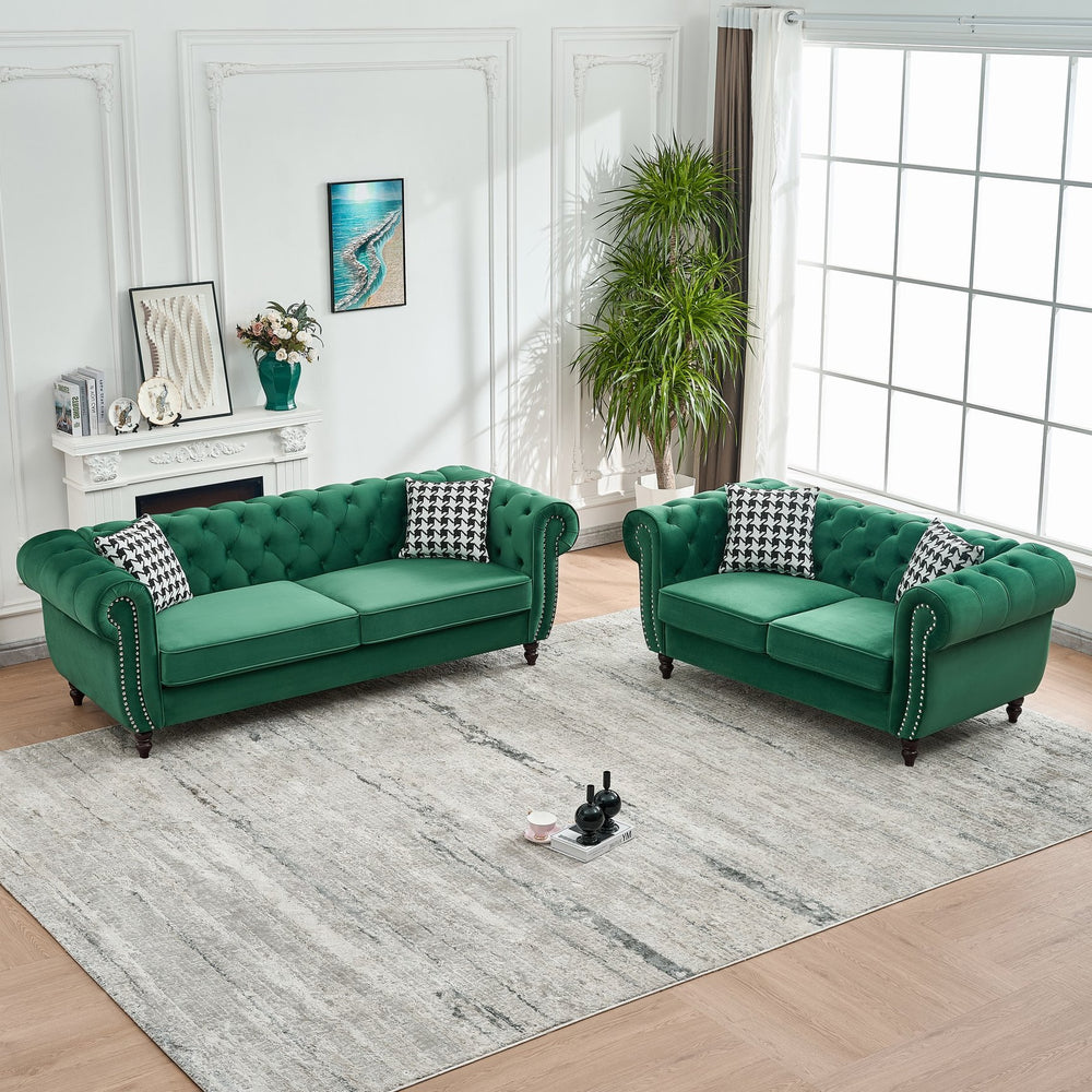 English Elm 3+2 Seater Chesterfield Velvet Sofa Set - Luxurious Green Upholstery, Timeless Design For Living Spaces W3373S00053