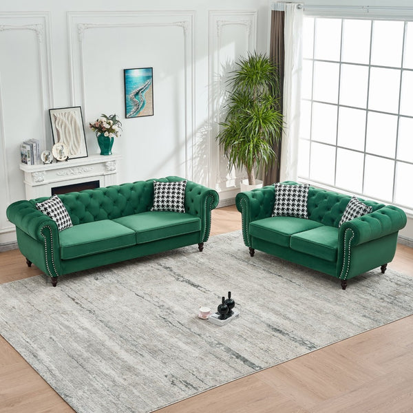 English Elm 3 Plus 2 Seater Chesterfield Velvet Sofa Set with Nailhead Trim for Living Room Green W3373S00066