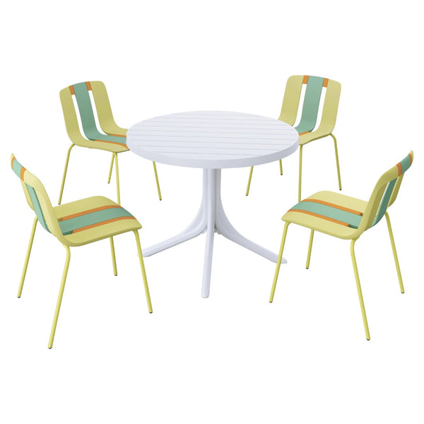 English Elm Summer 5 Piece Round Polypropylene Dining Set Uv Resistant Striped Indoor Outdoor Patio Grain Yellow,Haze Green,Tropical Orange,White W3450S00030