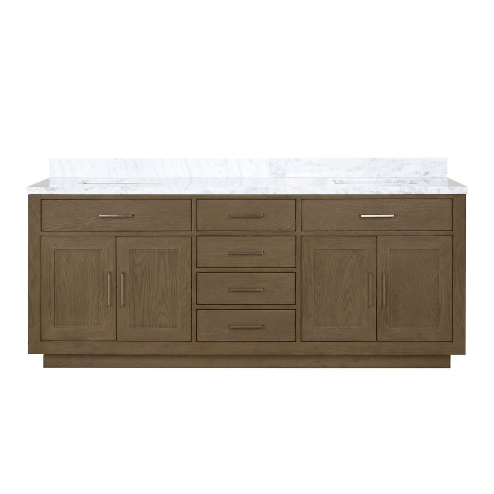 English Elm Grey Oak Double Bath Vanity With Carrara Marble Top - 80" W, Ample Storage & Soft-Close Features B2731P257821