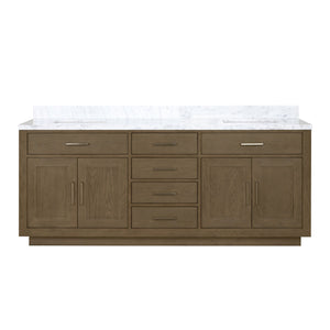 English Elm Grey Oak Double Bath Vanity With Carrara Marble Top - 80" W, Ample Storage & Soft-Close Features B2731P257821