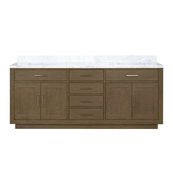 English Elm Grey Oak Double Bath Vanity With Carrara Marble Top - 80" W, Ample Storage & Soft-Close Features B2731P257821