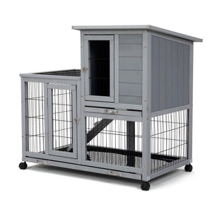 English Elm Detachable Two-tier Pine Rabbit Hutch with Rolling Casters and Removable Waste Trays White+Gray W2181P190614