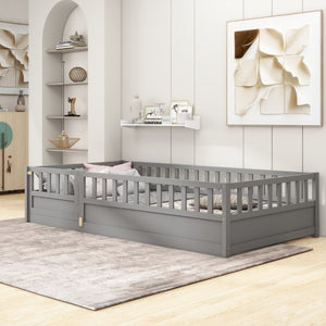 English Elm Twin Montessori Floor Bed With Safety Barrier & Easy-Swing Door - Sturdy Gray Wooden Frame For Kids W1858P164941-GIGA