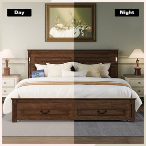 English Elm King Pine Wood Storage Bed with Led Lighting Usb Charging Tall Panel Headboard Walnut W504S00270