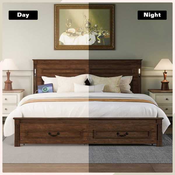 English Elm King Pine Wood Storage Bed with Led Lighting Usb Charging Tall Panel Headboard Walnut W504S00270