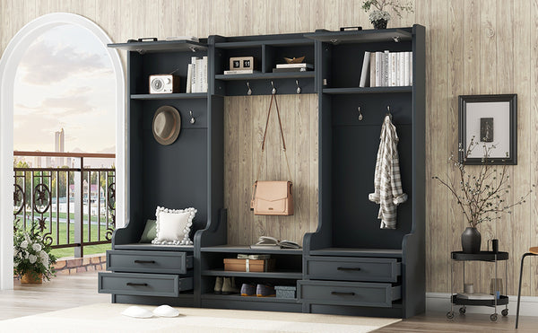 English Elm 4-in-1 Hall Tree with Bench, 7 Hooks, 2 Cabinets & 4 Drawers for Entryway Storage and Seating Antique Blue W1580S00091