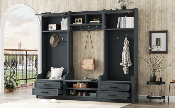 English Elm 4-in-1 Modular Entryway Hall Tree with Seven Hooks Drawers and Antique Blue Bench W1580S00491