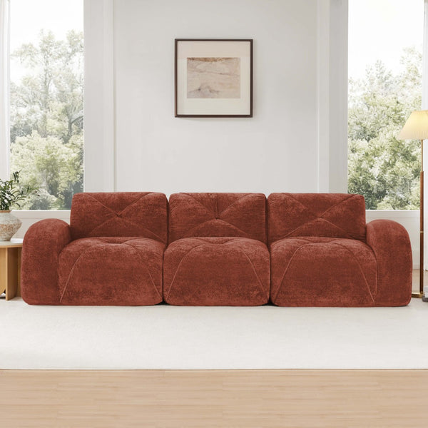English Elm 110''boneless Velvet Sectional Sofa Modular Cloud Seating with Tufted Cushions for Living Rooms Red+Brown W714S01607
