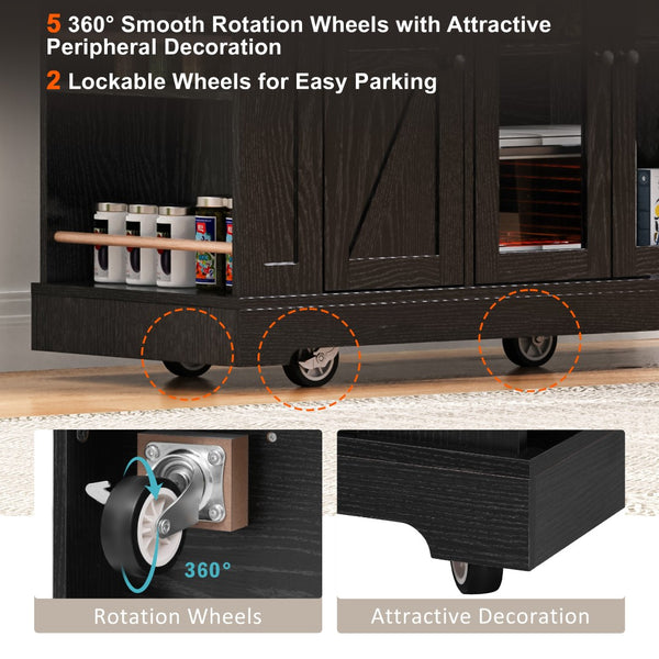 English Elm K&k Farmhouse Rolling Kitchen Island with Drop Leaf Tempered Glass Drawers and Power Outlet Black N707S263637B