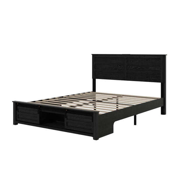 English Elm Full Farmhouse Platform Bed Upholstered Wood Frame with Led Lighting and Charging Ports W636P263895