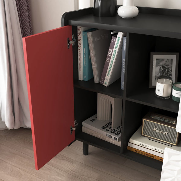 English Elm Sideboard Buffet Cabinet - Modern Black & Red Storage Solution With Unique Paneling For Home Decor W409P176588-GIGA