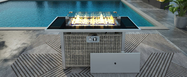 English Elm K&K 43" Propane Gas Fire Pit Table 60000 BTU Open Weave Wicker with Glass Wind Guard & Blue Stones Grey N707P210158G