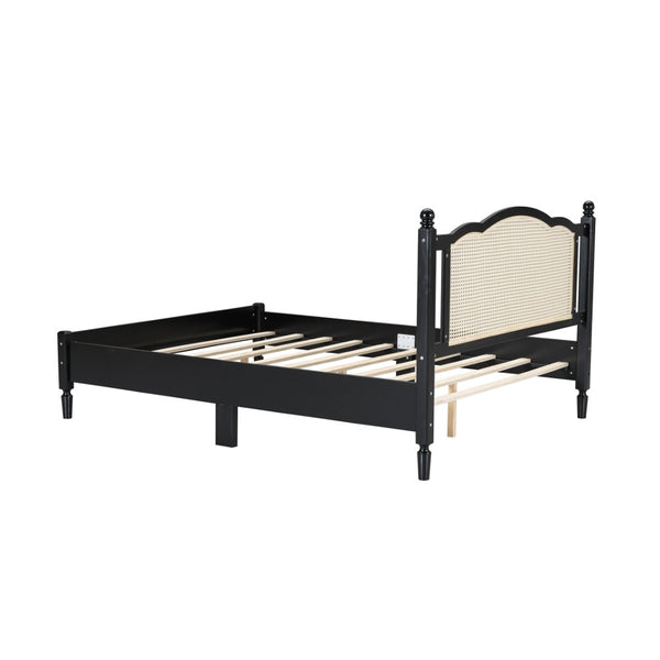 English Elm Queen Arched Rattan Headboard Platform Bed Matte Pine Frame No Box Spring Needed Black N733P180013B