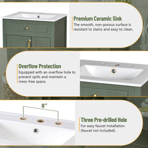 English Elm 24-Inch Bathroom Vanity with Ceramic Sink, Soft-Close Door & Drawers, Gold Handles, Durable Wood Elegance Green N729P192078F