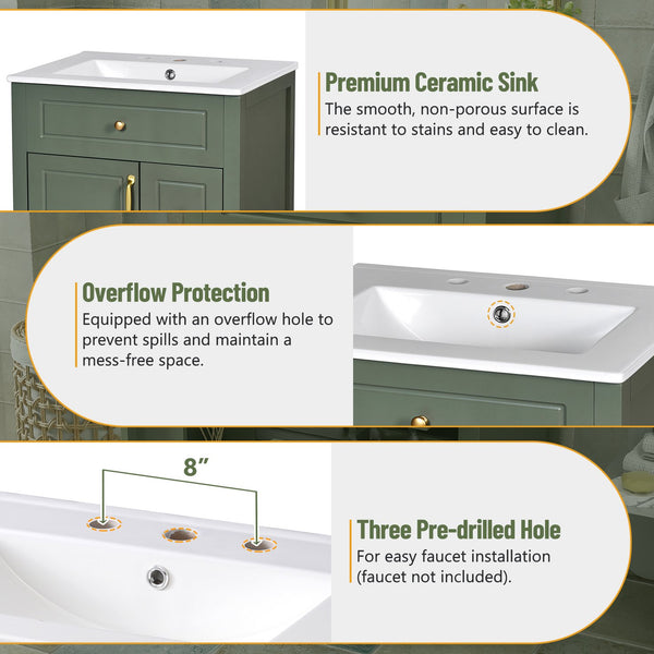 English Elm 24-Inch Bathroom Vanity with Ceramic Sink, Soft-Close Door & Drawers, Gold Handles, Durable Wood Elegance Green N729P192078F