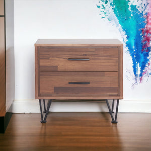 English Elm Deoss Walnut Finish Accent Table with 2 Drawers, Chrome V-Legs, Rectangular Nightstand, 18"x15" Top, 40lb Capacity B2726P278235