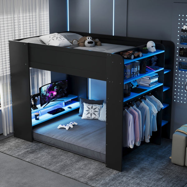 English Elm Full Size Gaming Bunk Bed with Rgb Lighting Integrated Desk Wardrobe and Storage Blue LT100266AAC