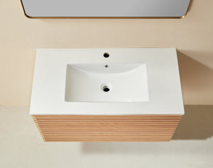 English Elm 36" Wall Mounted Floating Single Vanity Natural Walnut with Ceramic Sink, 2 Drawers, Fully Assembled Elegance W1826P308971