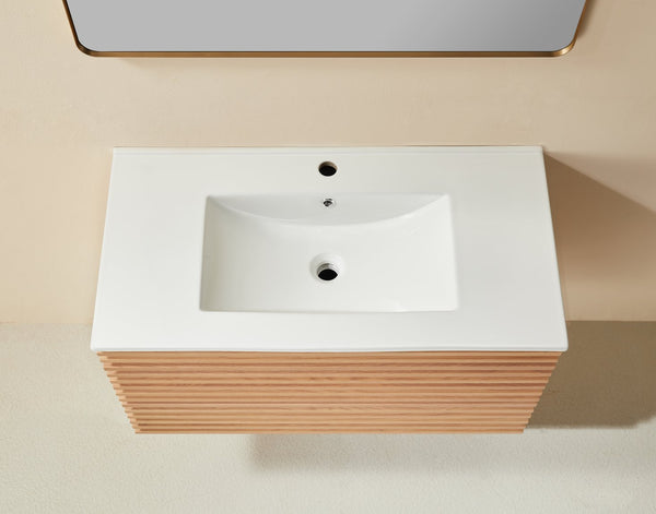 English Elm 36" Wall Mounted Floating Single Vanity Natural Walnut with Ceramic Sink, 2 Drawers, Fully Assembled Elegance W1826P308971