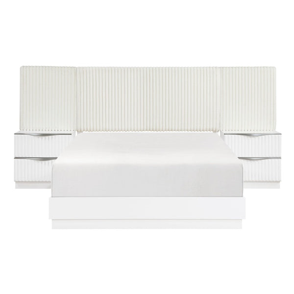 English Elm Luxurious Pearl White California King Bedroom Set with Faux Fur Headboard Wall Panel B011S02281