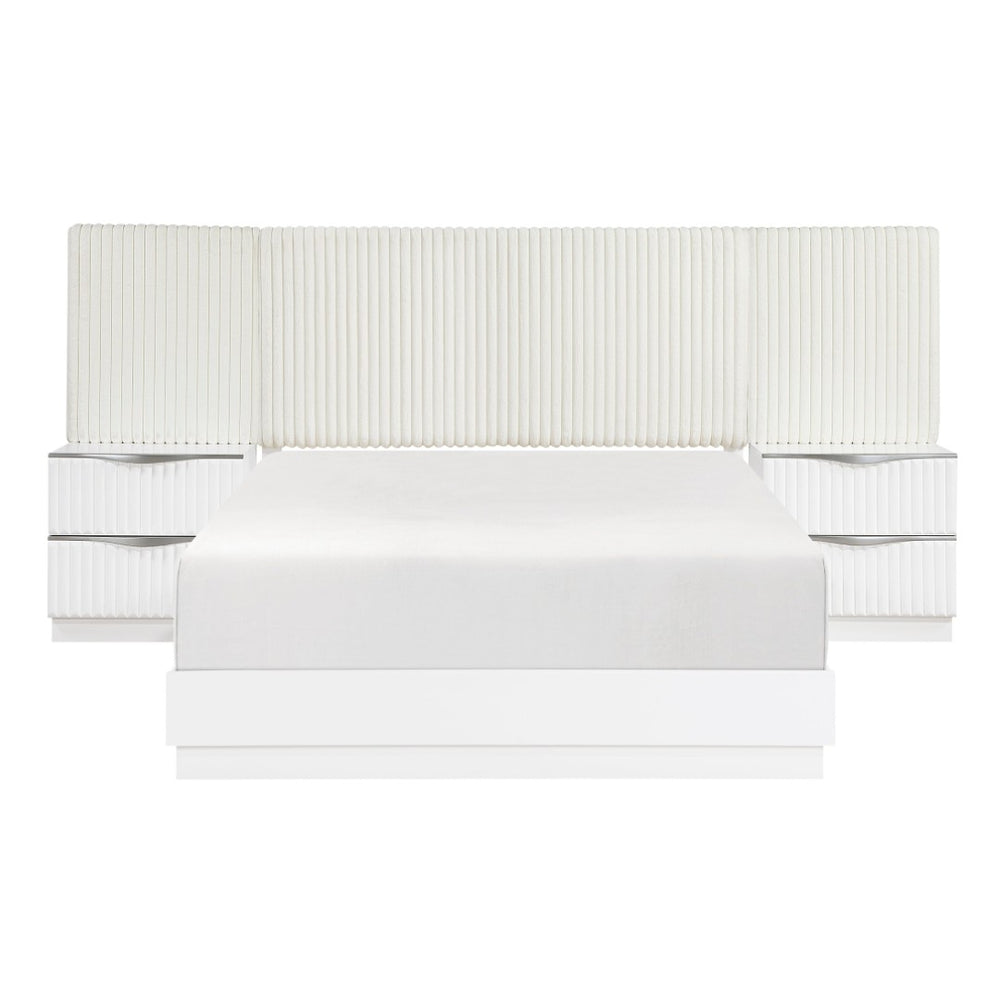 English Elm Luxurious Pearl White Glam King Bed Set Faux Fur Headboard with Flanking Wall Panels B011S02280