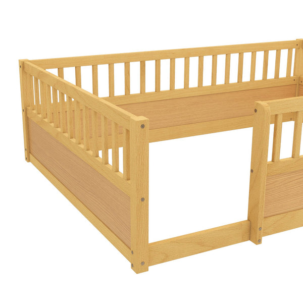 English Elm Full Montessori Floor Bed Frame with Fence for Kids — Pine Play & Reading Space, Sturdy Low Profile Natural W1580P307884