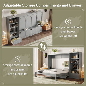 English Elm Queen Murphy Bed with Built-In Shelves, Height-Adjustable Storage & Drawer for Small Spaces Gray 71.6 L x 21.5 W x 6.1 H N733S309223E