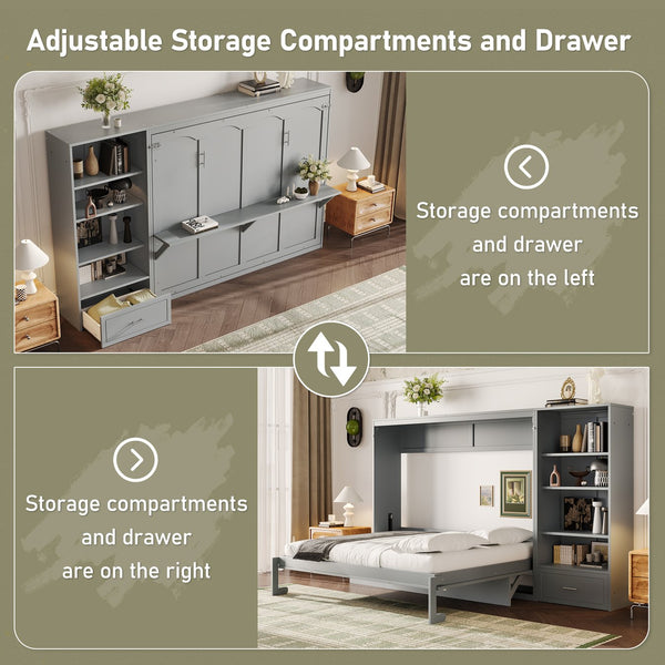 English Elm Queen Murphy Bed with Built-In Shelves, Height-Adjustable Storage & Drawer for Small Spaces Gray 71.6 L x 21.5 W x 6.1 H N733S309223E