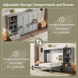 English Elm Queen Murphy Wall Bed with Folding Platform Side Cabinet Drawer and Adjustable Shelves Gray N733S407545E