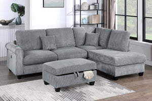 English Elm Contemporary Corduroy Sectional with Usb Charging Chaise and Lidded Storage Ottoman B011S02228