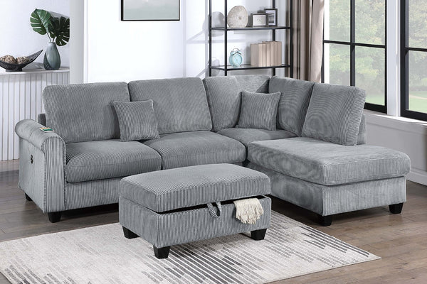 English Elm Contemporary Corduroy Sectional with Usb Charging Chaise and Lidded Storage Ottoman B011S02228