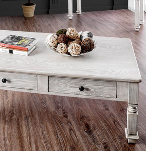 English Elm Transitional Round Coffee Table with Wire-Brushed Frame, Button-Tufted Padded Seat and Open Shelf, Rustic Finish Antique White 55 L x 31 W x 9 H B2741P362573