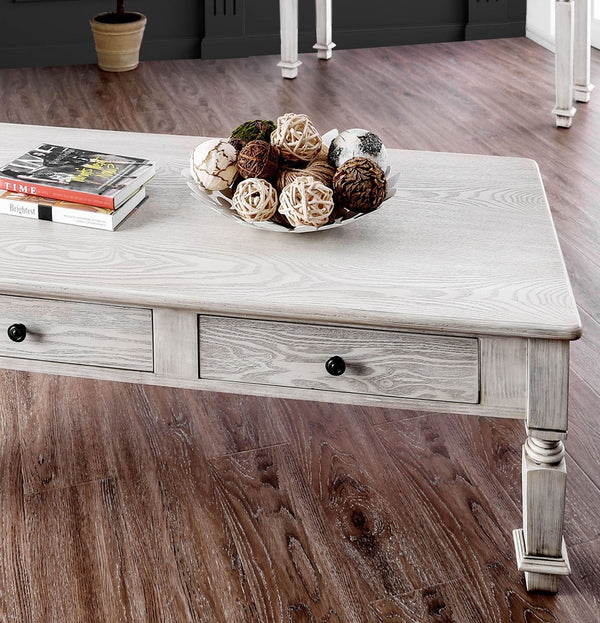 English Elm Transitional Round Coffee Table with Wire-Brushed Frame, Button-Tufted Padded Seat and Open Shelf, Rustic Finish Antique White 55 L x 31 W x 9 H B2741P362573