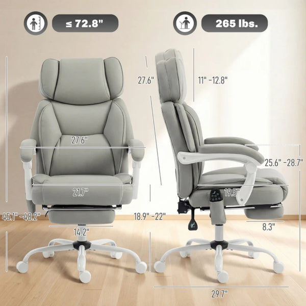 English Elm Computer Massage Office Chair High Back Pu Leather Reclining with Footrest Support Light Gray,White T3971P476207