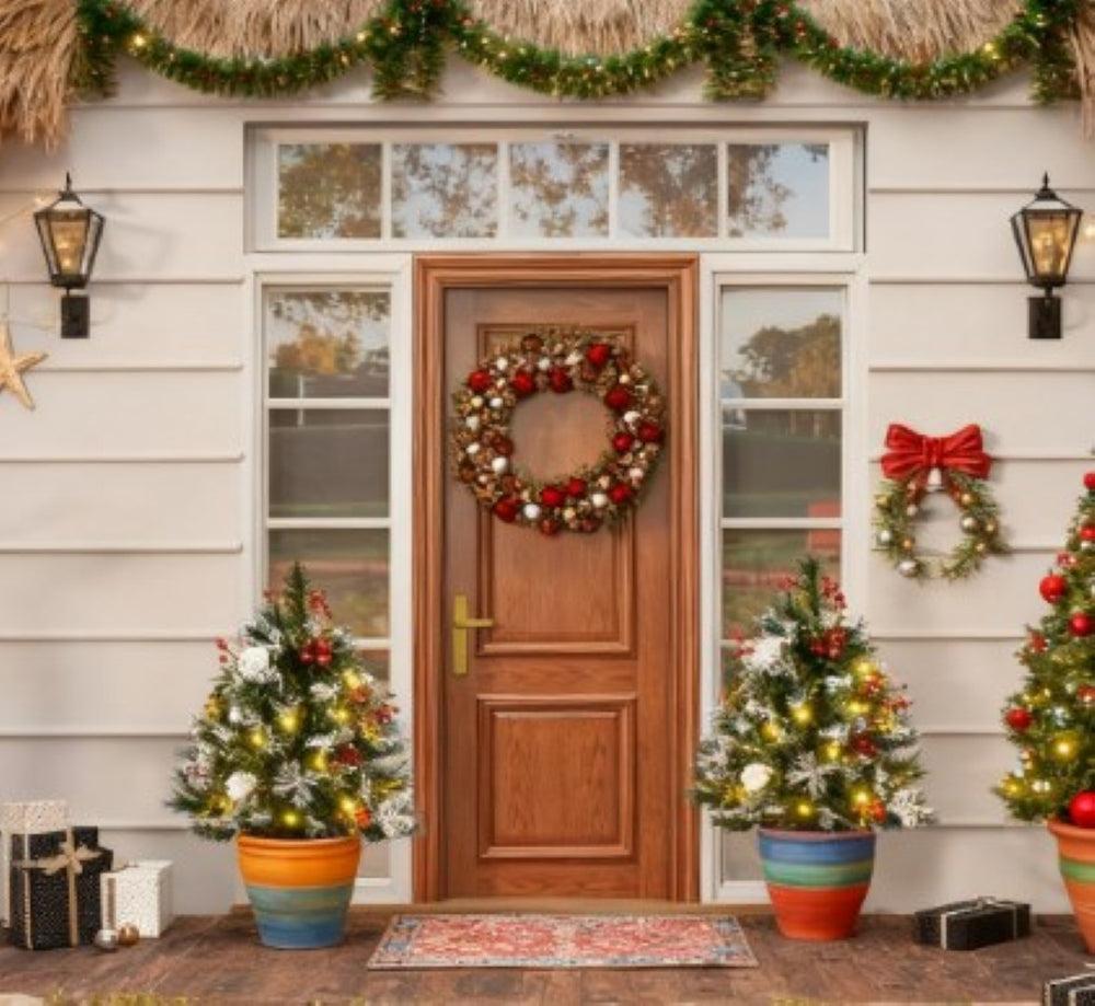 English Elm Artificial Snow Tipped Mini Porch Trees Set of Two with Led Lights for Outdoor Entryways T3971P415413