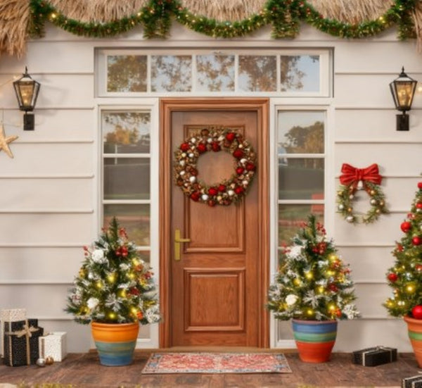 English Elm Artificial Snow Tipped Mini Porch Trees Set of Two with Led Lights for Outdoor Entryways T3971P415413