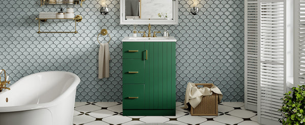 English Elm 24" Modern Bathroom Vanity with Under-Mount Sink, Vertical Stripe Design, 2 Drawers & Soft-Close Cabinet Green N710P288936F