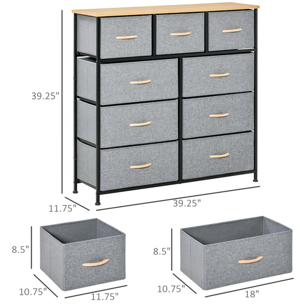 English Elm HOMCOM 9-Drawer Storage Chest with Wood Top & Steel Frame, Foldable Fabric Bins, Anti-Tip Protection W2225P217735