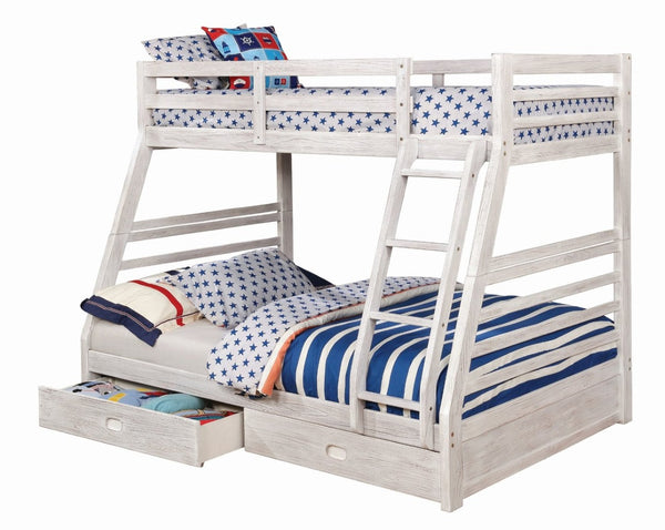 English Elm Twin Over Full Bunk Bed With Drawers, Attached Ladder & Wire-Brushed White Finish For Stylish Storage B2741S00341-GIGA